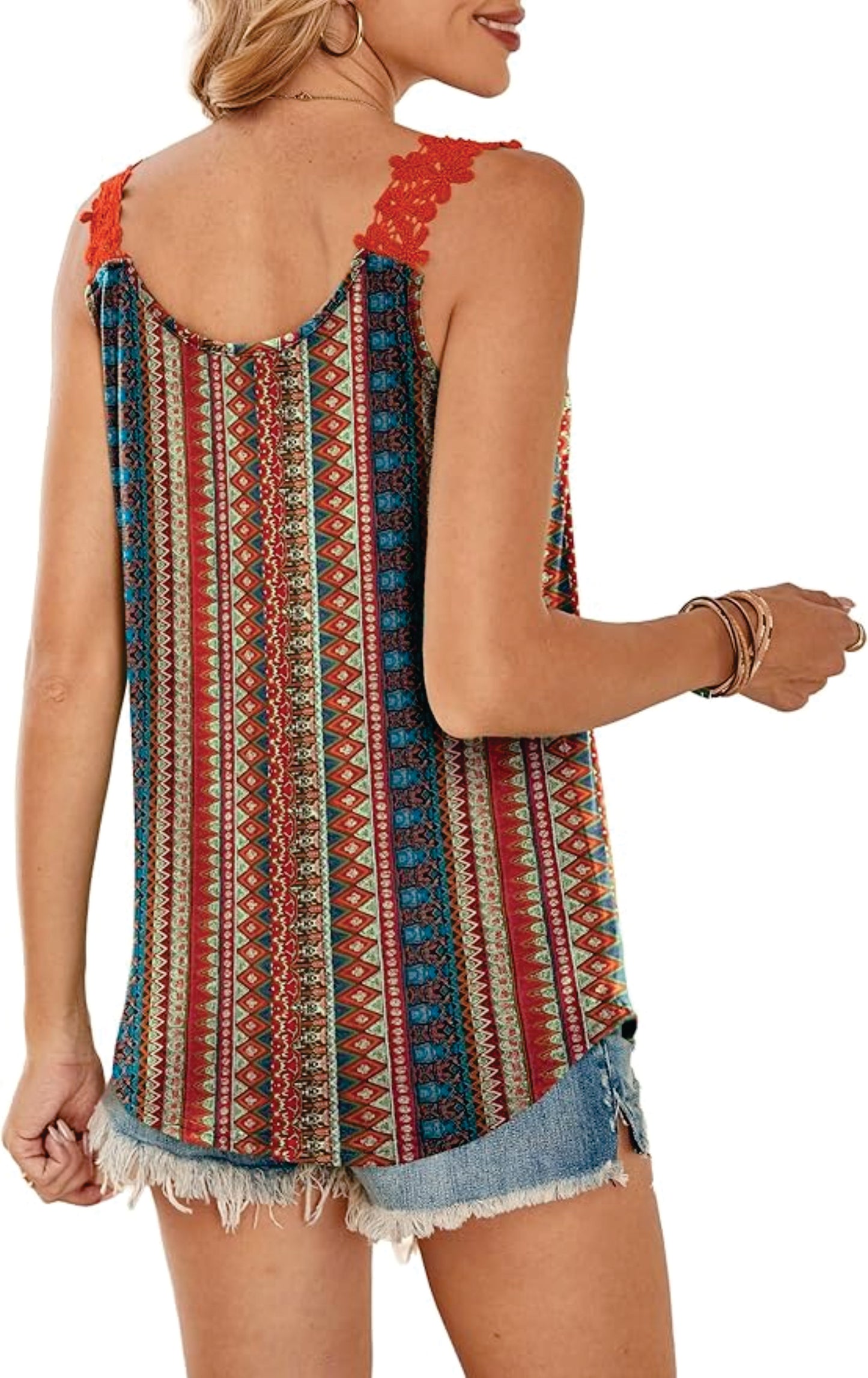 Tropical Orange Print Floral Lace Strap Tank Top