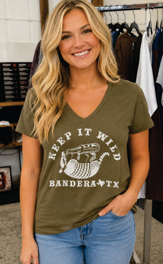 Keep It Wild Bandera TX Ladies V-Neck Shirt