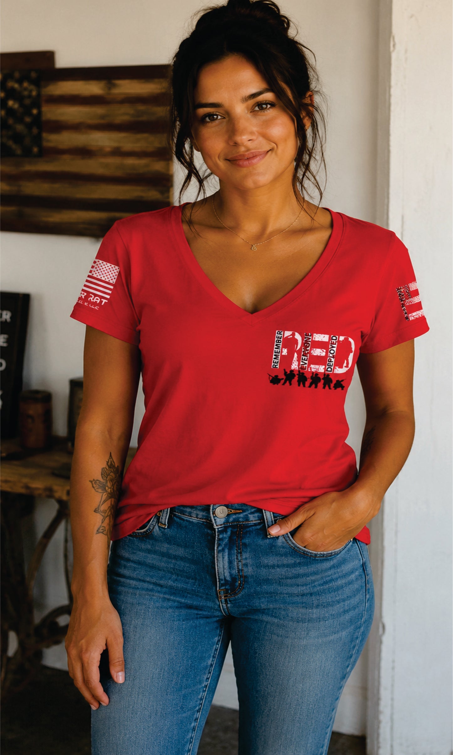 Remember Everyone Deployed V-Neck Ladies Shirt