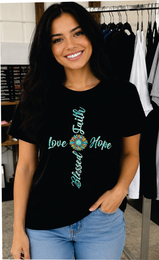 Love, Blessed, Faith, Hope Ladies Black Shirt