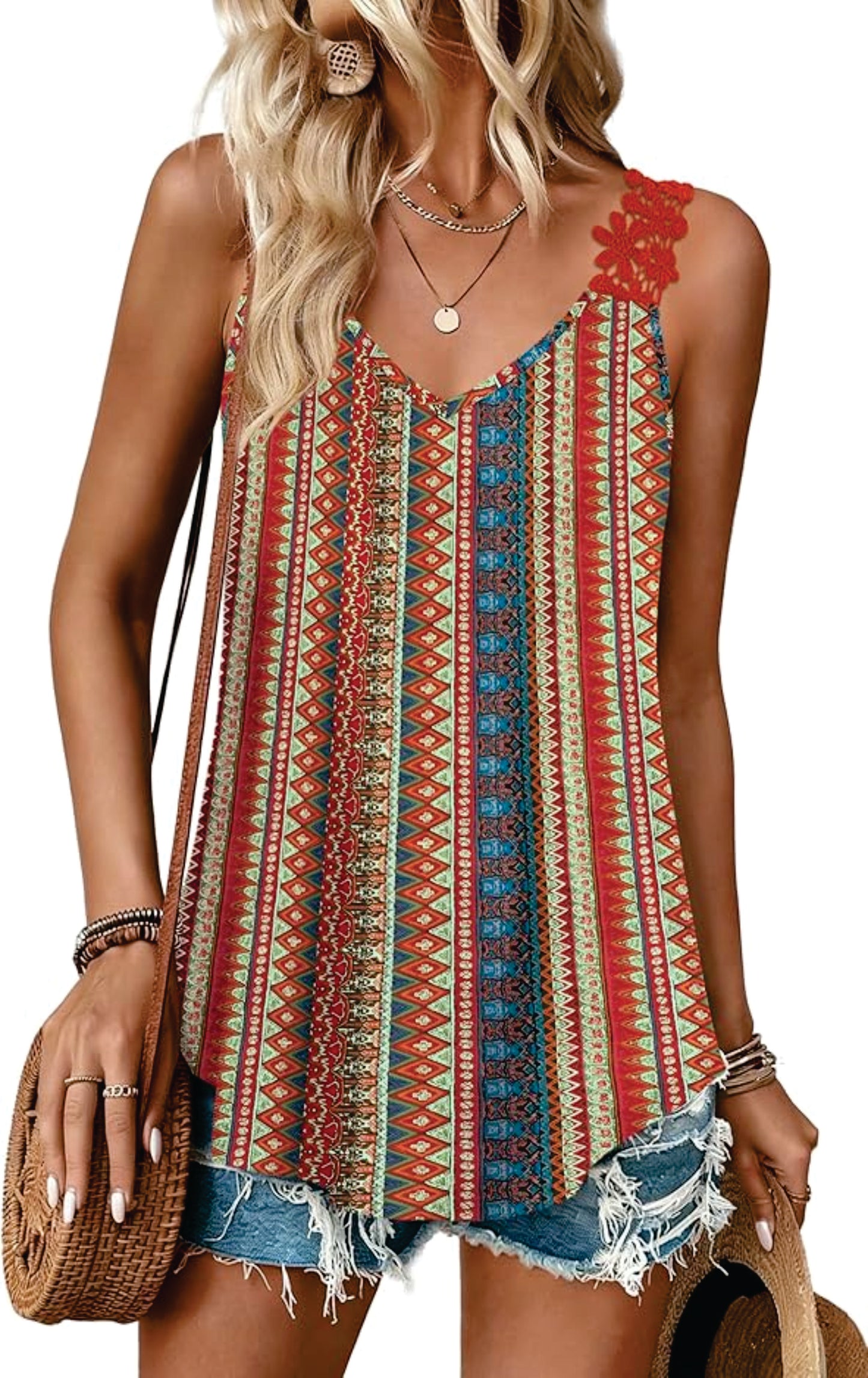 Tropical Orange Print Floral Lace Strap Tank Top